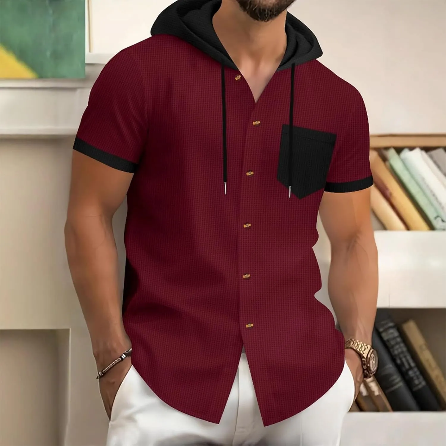 Button Down Hoodies for Men Casual Waffle Knit Short Sleeve Drawstring Hooded Shirt Lightweight Summer Polo Cardigan