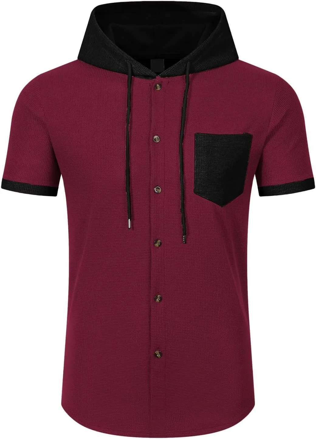 Button Down Hoodies for Men Casual Waffle Knit Short Sleeve Drawstring Hooded Shirt Lightweight Summer Polo Cardigan
