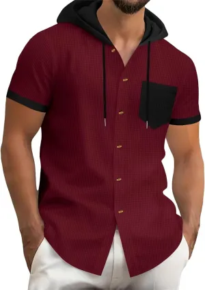 Button Down Hoodies for Men Casual Waffle Knit Short Sleeve Drawstring Hooded Shirt Lightweight Summer Polo Cardigan