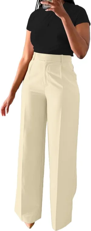 Casual Wide Leg Dress Pants Business Office Trousers with Pockets