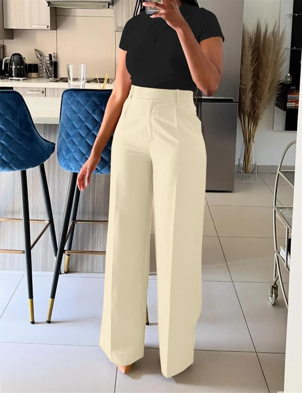 Casual Wide Leg Dress Pants Business Office Trousers with Pockets
