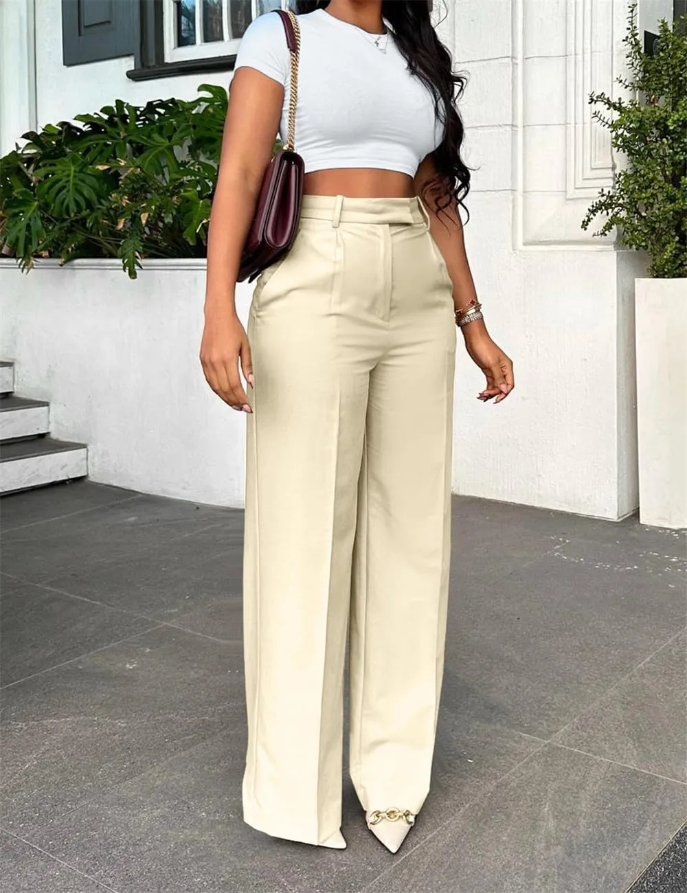 Casual Wide Leg Dress Pants Business Office Trousers with Pockets
