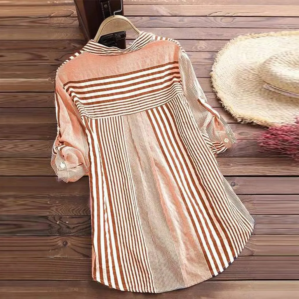 Ceboyel Women Striped Button Down Shirts Roll Up Sleeve Blouse Collared Summer Tunic Tops Ladies Beach Outfits with Pockets