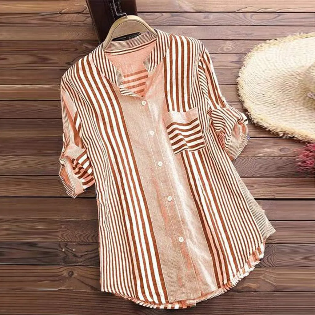 Ceboyel Women Striped Button Down Shirts Roll Up Sleeve Blouse Collared Summer Tunic Tops Ladies Beach Outfits with Pockets