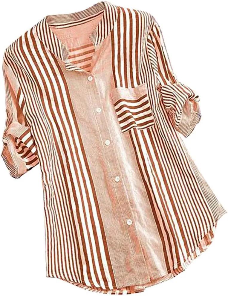 Ceboyel Women Striped Button Down Shirts Roll Up Sleeve Blouse Collared Summer Tunic Tops Ladies Beach Outfits with Pockets