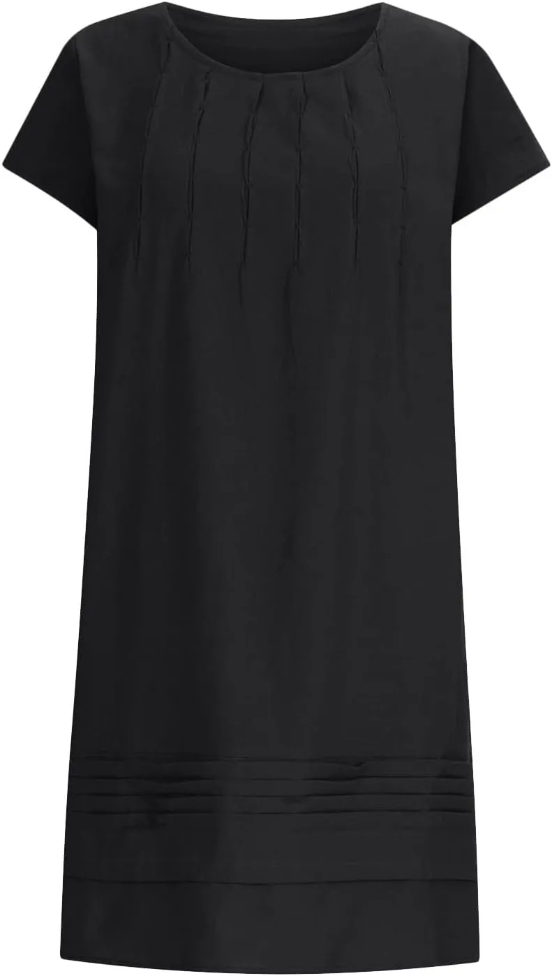 Cotton Linen Dress for Womens Vintage Summer Casual Short Sleeve Ruched T Shirts Dress Loose Fit A-Line Beach Sundress