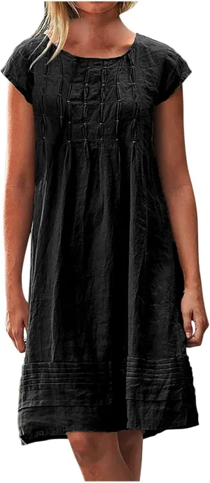 Cotton Linen Dress for Womens Vintage Summer Casual Short Sleeve Ruched T Shirts Dress Loose Fit A-Line Beach Sundress