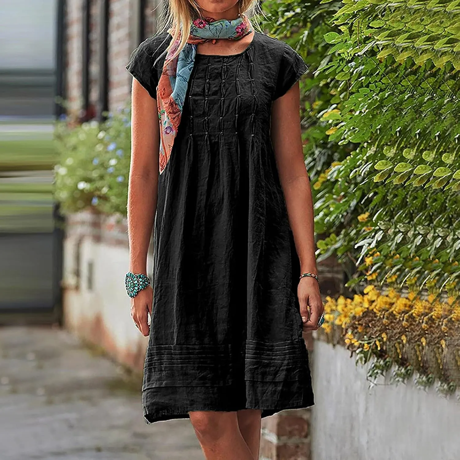 Cotton Linen Dress for Womens Vintage Summer Casual Short Sleeve Ruched T Shirts Dress Loose Fit A-Line Beach Sundress