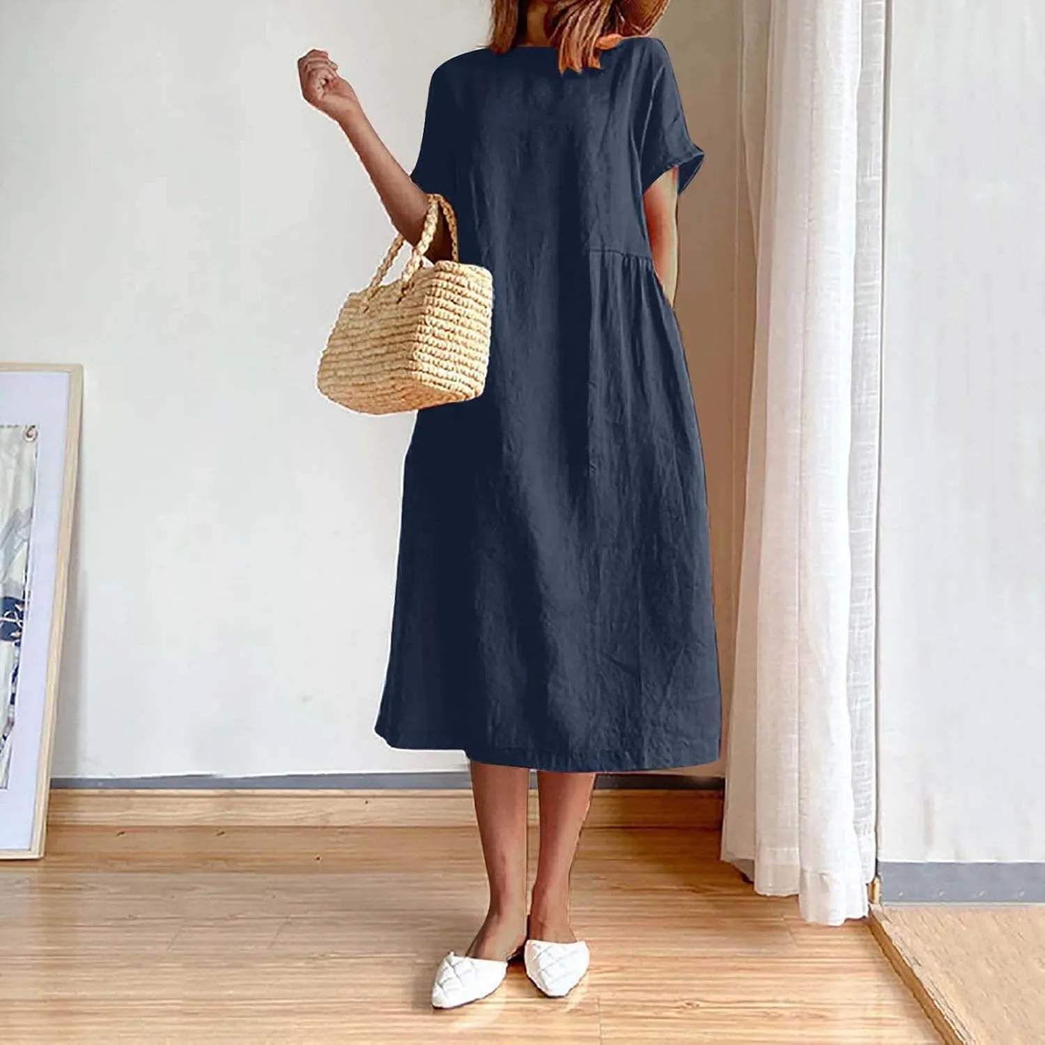 Cotton Linen Midi Dress for Women 2024 Summer Dresses Short Sleeve Causal Loose Tshirt Dress Trendy Elegant Beach Dress