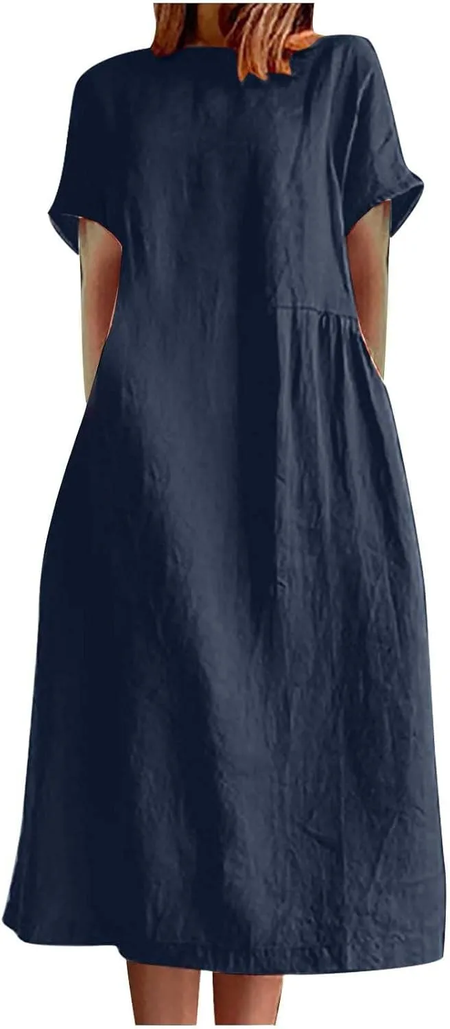 Cotton Linen Midi Dress for Women 2024 Summer Dresses Short Sleeve Causal Loose Tshirt Dress Trendy Elegant Beach Dress