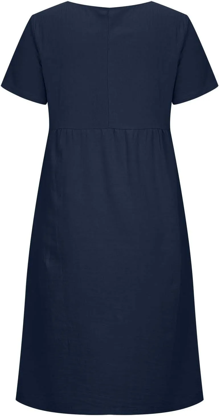 Cotton Linen Midi Dress for Women 2024 Summer Dresses Short Sleeve Causal Loose Tshirt Dress Trendy Elegant Beach Dress