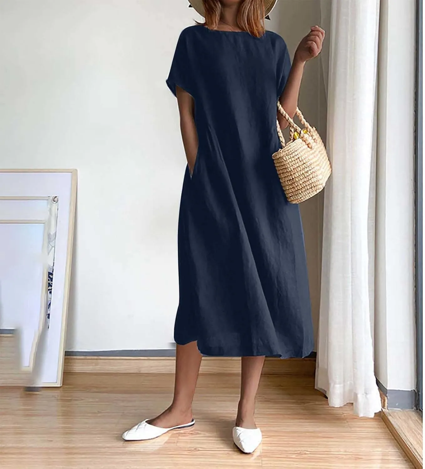 Cotton Linen Midi Dress for Women 2024 Summer Dresses Short Sleeve Causal Loose Tshirt Dress Trendy Elegant Beach Dress