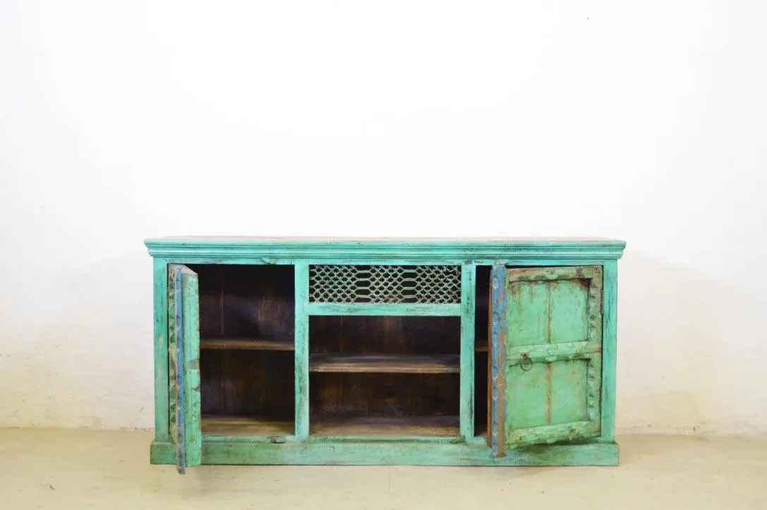 Credenza etnica india porte vecchie in legno massello dipinto verde con griglia originale in ferro battuto 2 ante