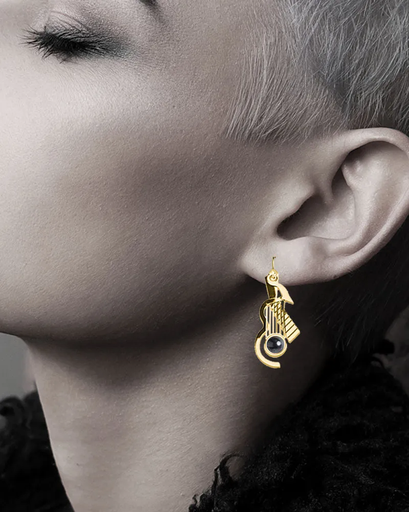 Cubist Guitar Black Glass Bead Earrings - Brass