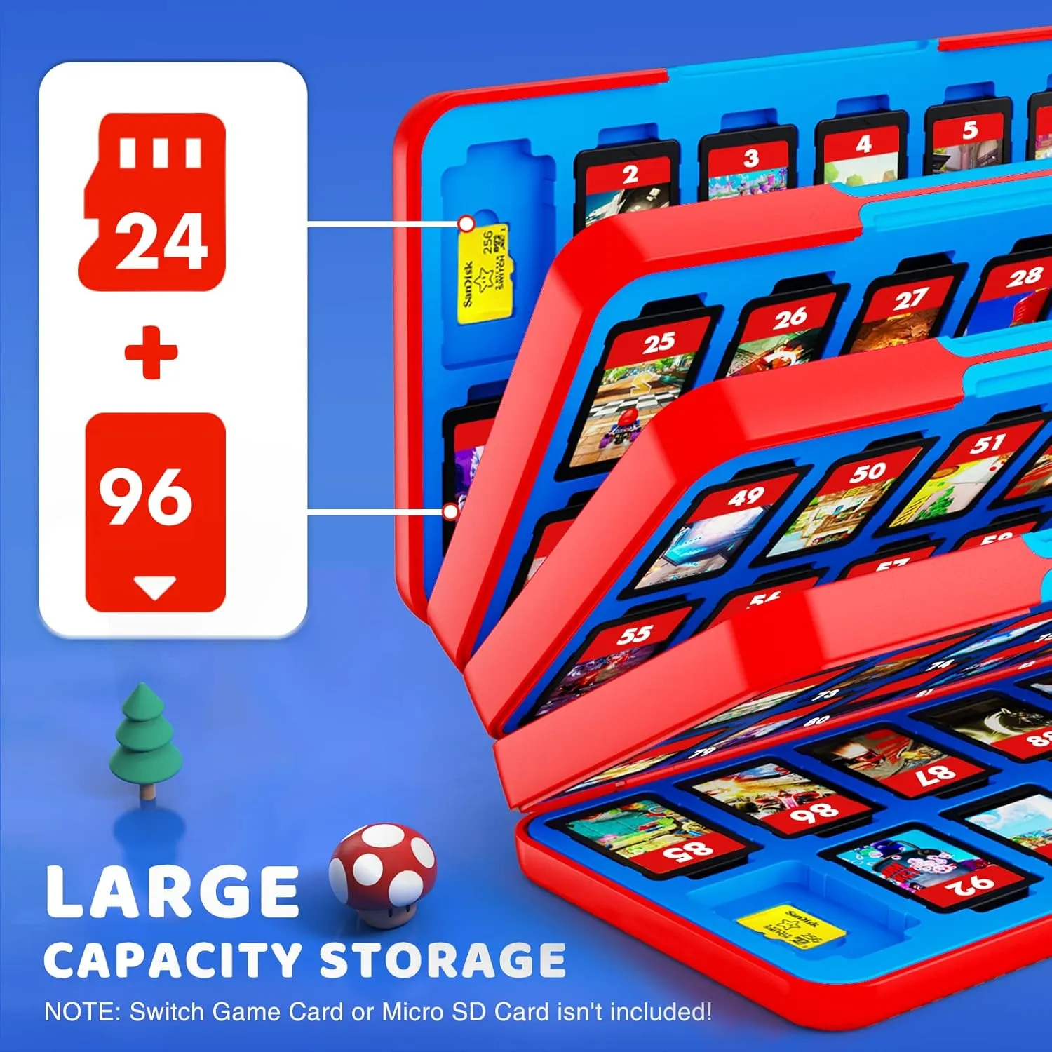 CYKOARMOR Switch Game Case for Nintendo Switch/Switch OLED, Switch Game Holder with 96 Games Card Slot&24 Micro SD Cartridge Slots, Storage Accessories Hard Shell Portable Cartridge Box, Red Blue
