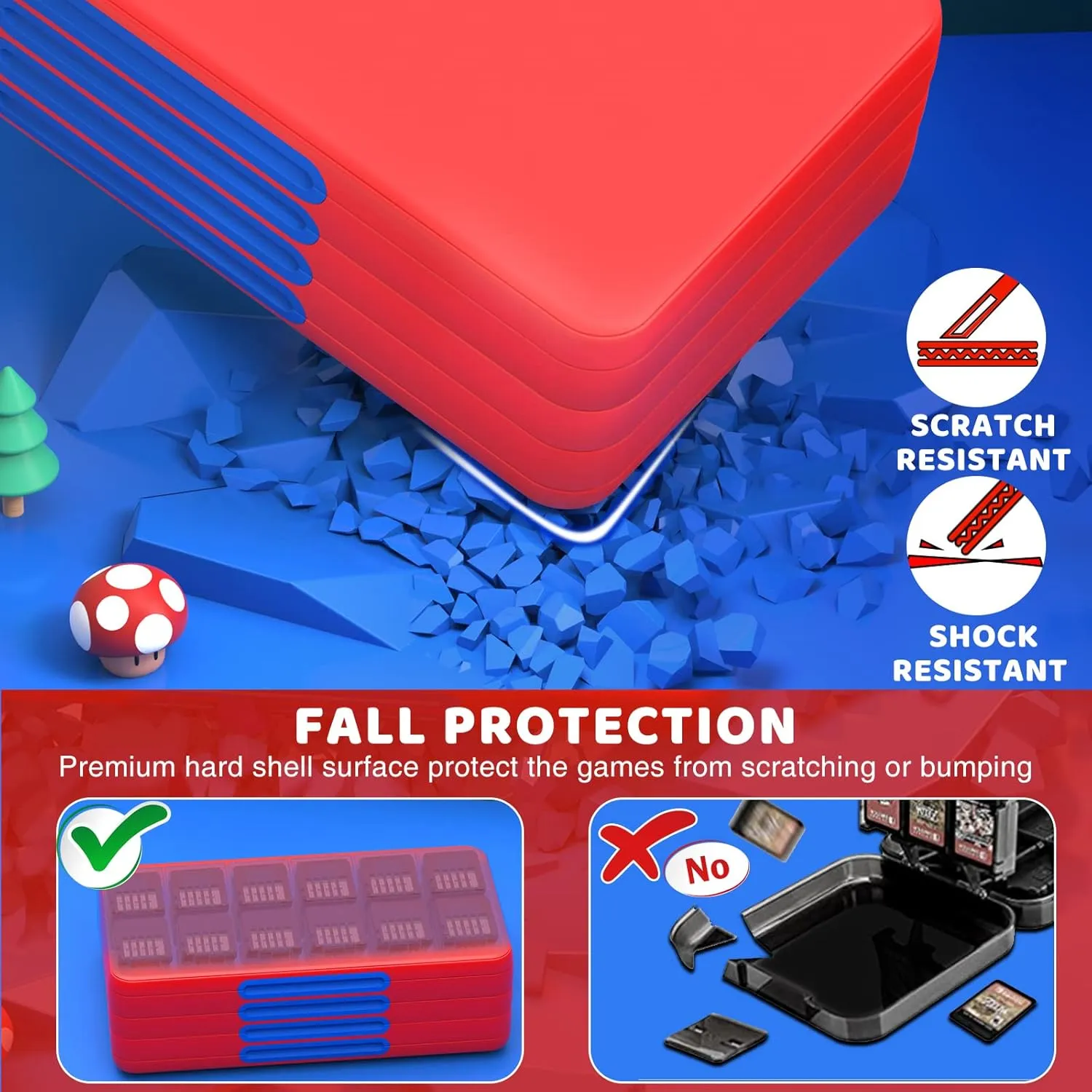 CYKOARMOR Switch Game Case for Nintendo Switch/Switch OLED, Switch Game Holder with 96 Games Card Slot&24 Micro SD Cartridge Slots, Storage Accessories Hard Shell Portable Cartridge Box, Red Blue