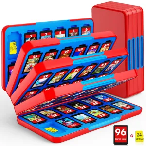 CYKOARMOR Switch Game Case for Nintendo Switch/Switch OLED, Switch Game Holder with 96 Games Card Slot&24 Micro SD Cartridge Slots, Storage Accessories Hard Shell Portable Cartridge Box, Red Blue