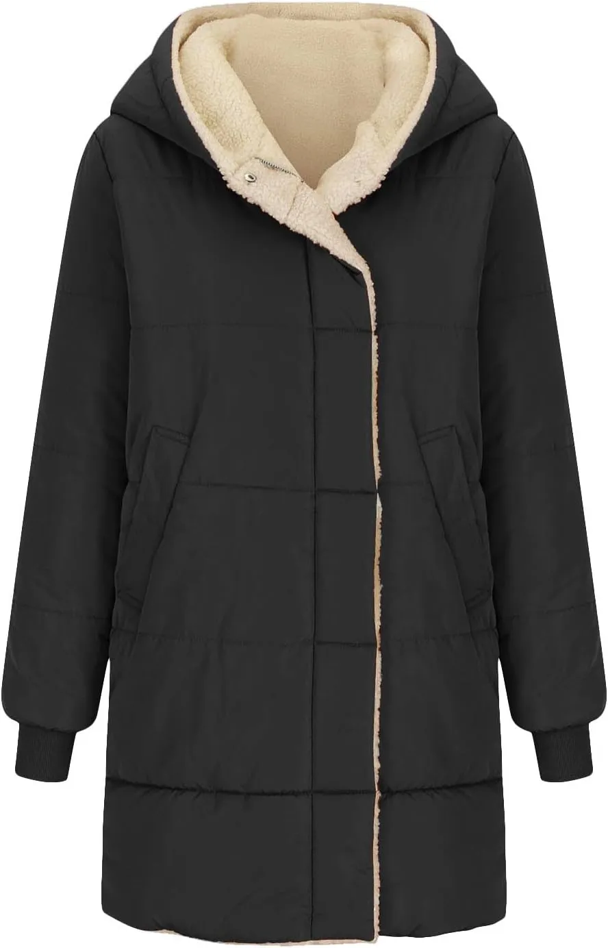 Dademeo Women's Puffer Parka Jacket Thicken Sherpa Fleece Lined Hooded Warm Coat with Pockets 2024 Winter Fashion Clothes