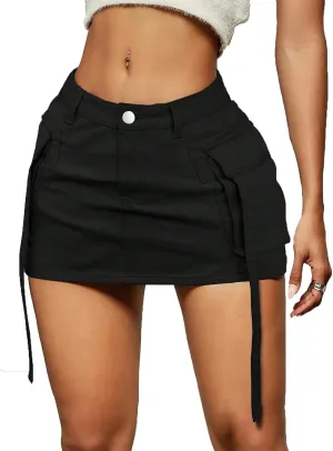 Denim Skirt y2k Button Mini Skirt Jean Skirt Cargo Skirts for Women with Pocket Low Waist