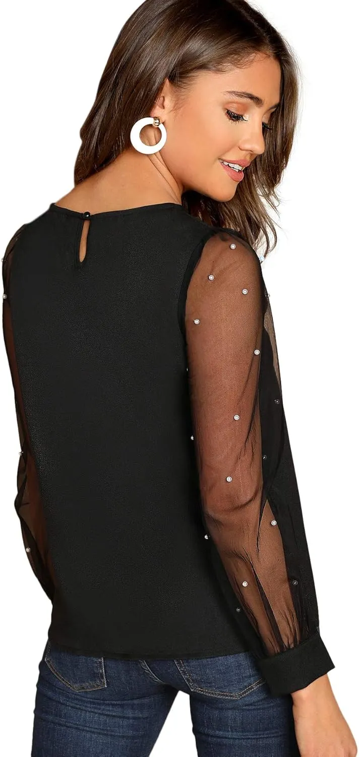Floerns Women's Pearl Sheer Mesh Long Sleeve Tops Blouse