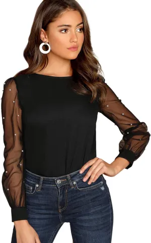 Floerns Women's Pearl Sheer Mesh Long Sleeve Tops Blouse