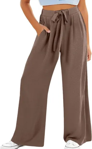 Girls Wide Leg Linen Palazzos Flowy Summer Casual Trousers Elastic High Waist Solid Color Pants