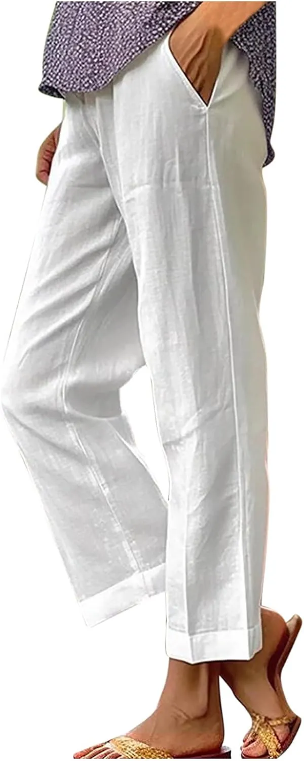 High Waisted Pants for Women Solid Elastic Waist Cotton Linen Trousers Versatile Straight Tube Wide Leg Pants