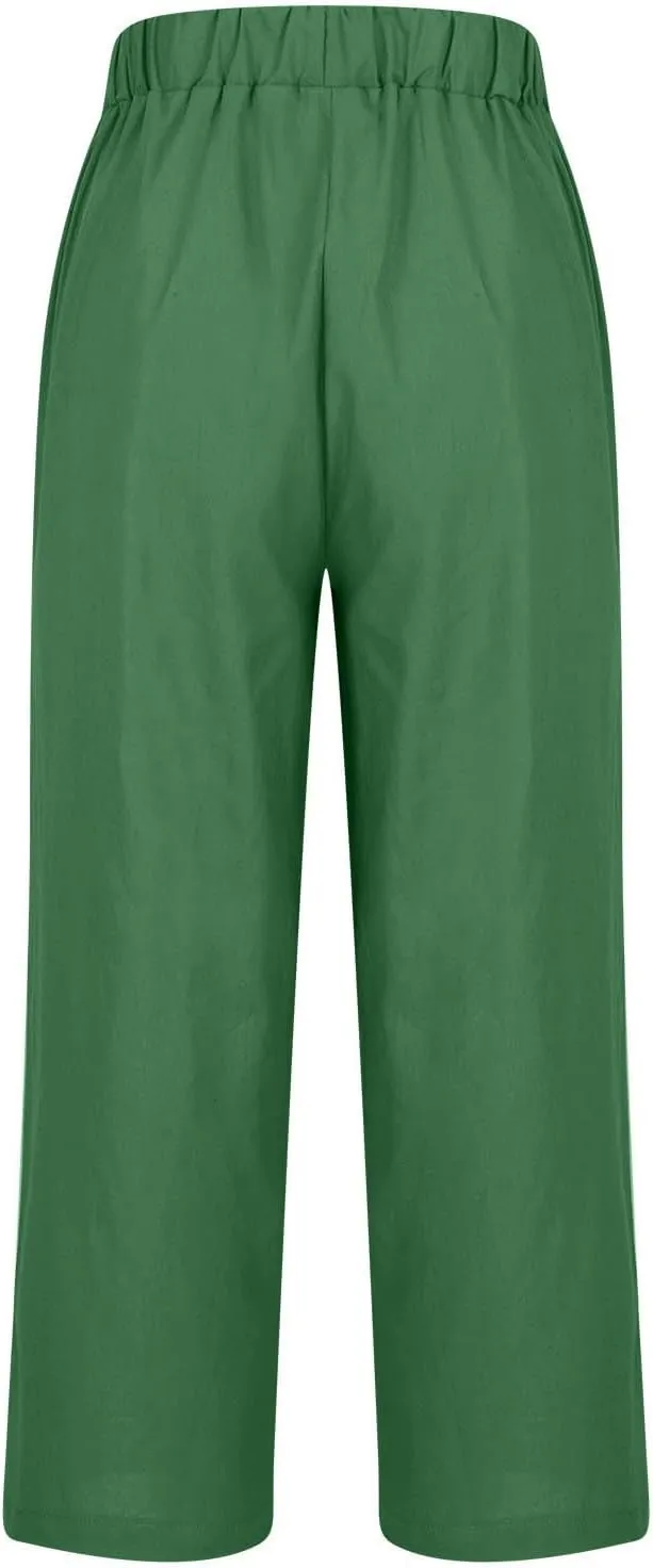 High Waisted Pants for Women Solid Elastic Waist Cotton Linen Trousers Versatile Straight Tube Wide Leg Pants