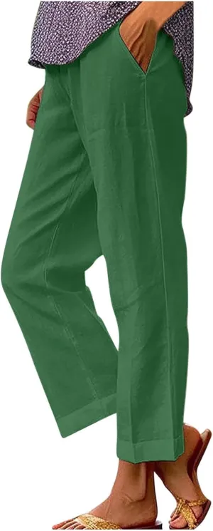 High Waisted Pants for Women Solid Elastic Waist Cotton Linen Trousers Versatile Straight Tube Wide Leg Pants