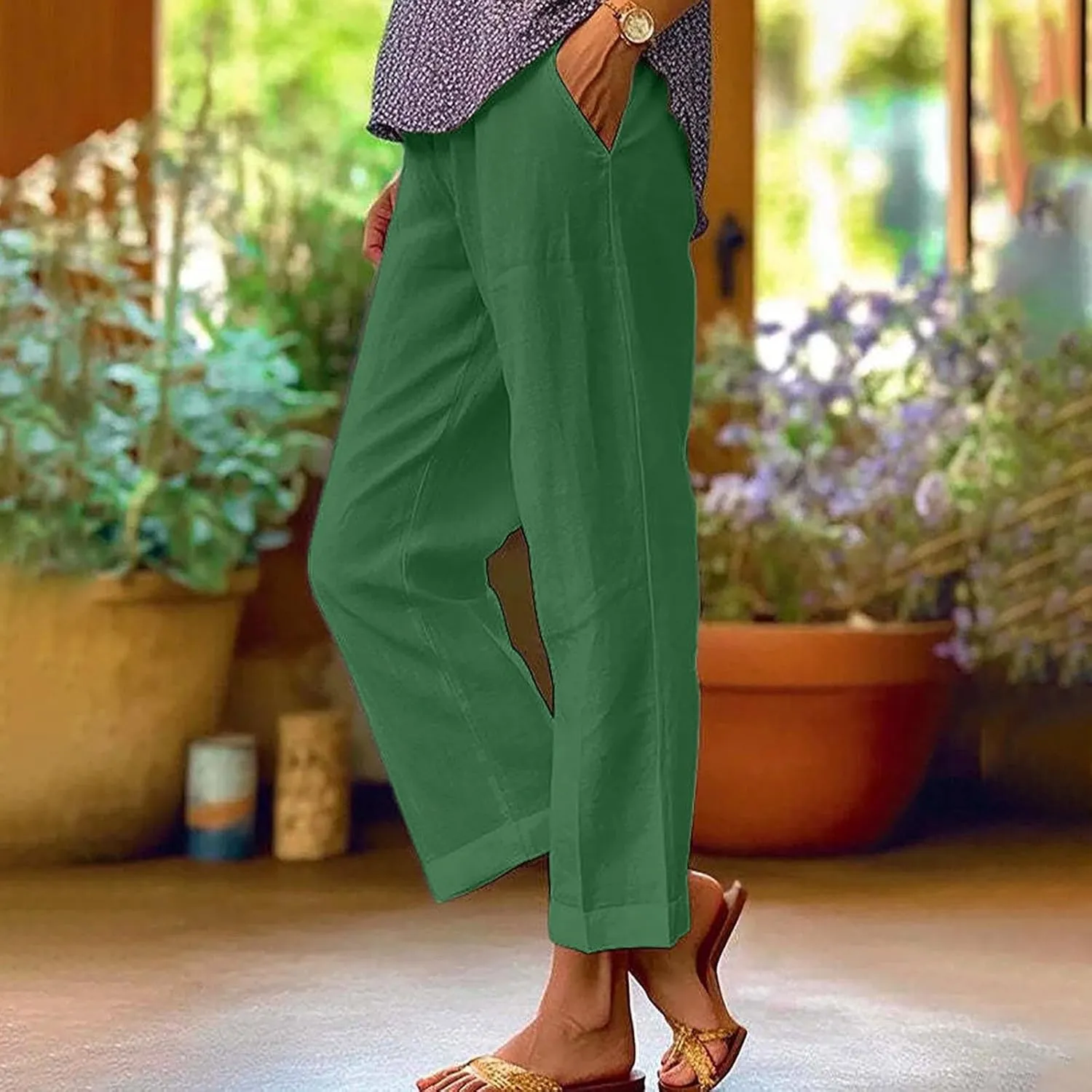 High Waisted Pants for Women Solid Elastic Waist Cotton Linen Trousers Versatile Straight Tube Wide Leg Pants