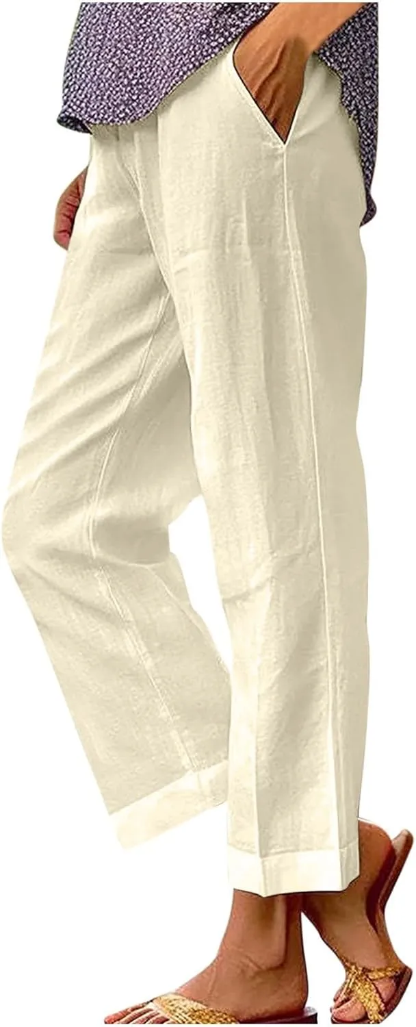 High Waisted Pants for Women Solid Elastic Waist Cotton Linen Trousers Versatile Straight Tube Wide Leg Pants