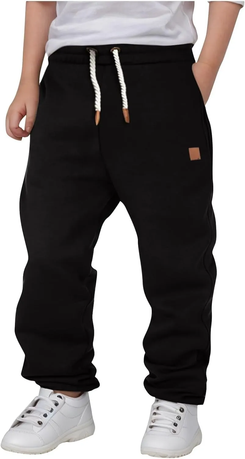 Kids Boys Jogger Pants Elastic Waist Solid Color Casual Pull on Trousers with Pockets Baggy Loose Comfy
