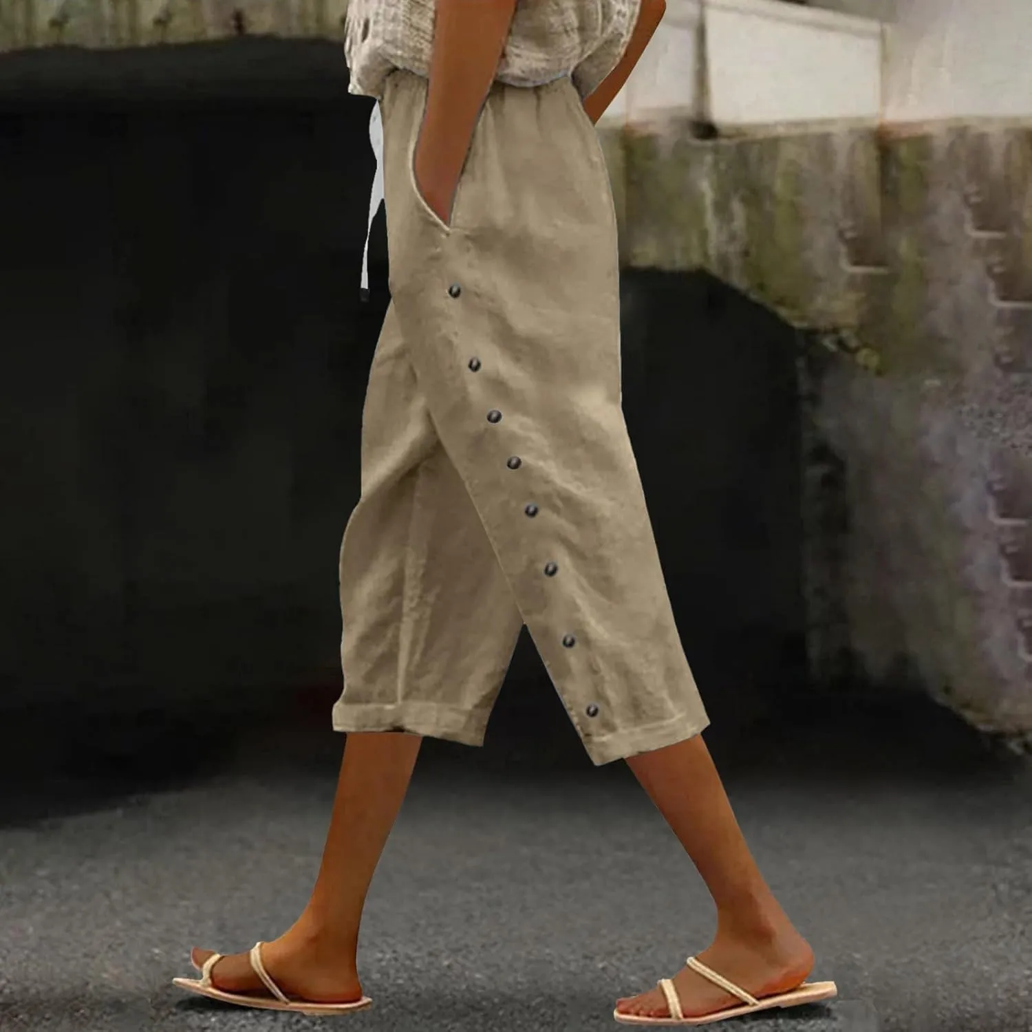 Linen Capris for Women Summer Casual High Waisted Crop Pants with Pockets Wed Leg Lounge Trousers Boho Beach Clothes