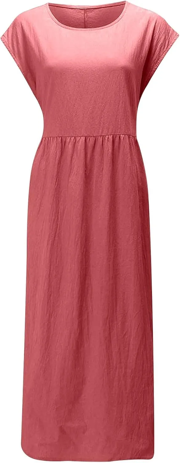 Linen Dress Womens Summer Cap Sleeve Maxi Dress Solid Casual Baggy Flowy Long Dresses Sundres Sundresses with Pockets
