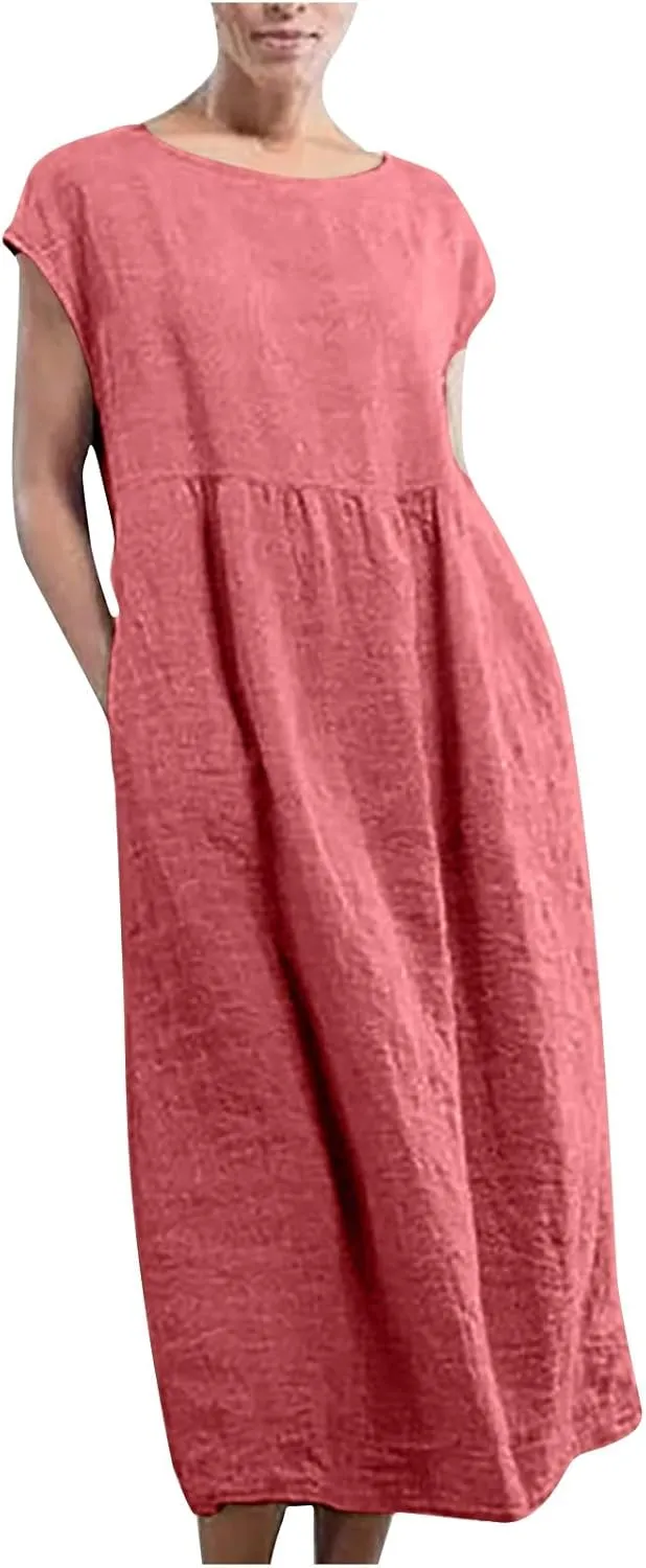 Linen Dress Womens Summer Cap Sleeve Maxi Dress Solid Casual Baggy Flowy Long Dresses Sundres Sundresses with Pockets