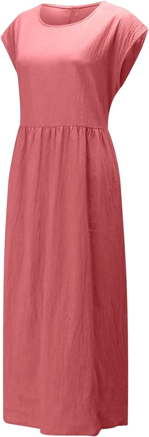 Linen Dress Womens Summer Cap Sleeve Maxi Dress Solid Casual Baggy Flowy Long Dresses Sundres Sundresses with Pockets
