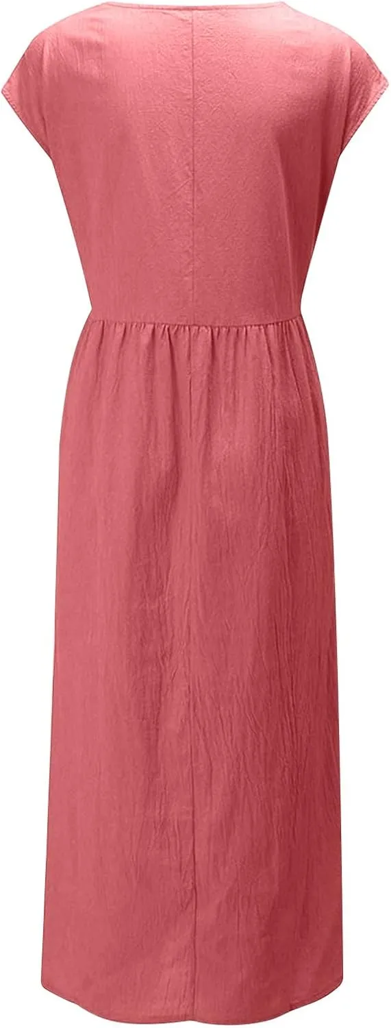 Linen Dress Womens Summer Cap Sleeve Maxi Dress Solid Casual Baggy Flowy Long Dresses Sundres Sundresses with Pockets