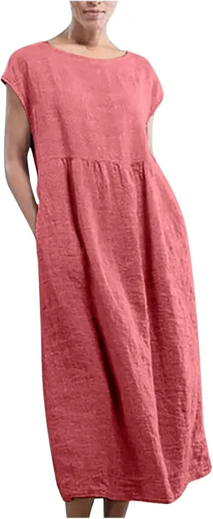 Linen Dress Womens Summer Cap Sleeve Maxi Dress Solid Casual Baggy Flowy Long Dresses Sundres Sundresses with Pockets