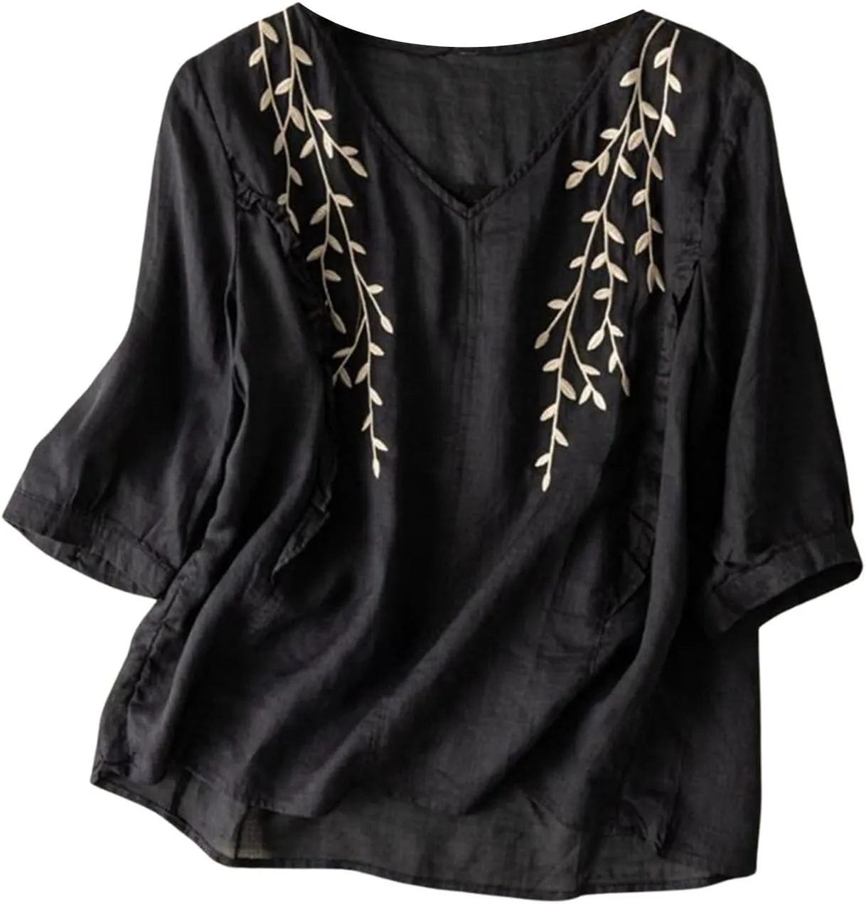 Linen Shirts for Women Summer Flowy Embroidered Cotton Peasant Top 2025 Elbow Sleeve Cute Boho Tunic Dressy Shirt