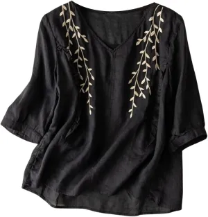 Linen Shirts for Women Summer Flowy Embroidered Cotton Peasant Top 2025 Elbow Sleeve Cute Boho Tunic Dressy Shirt