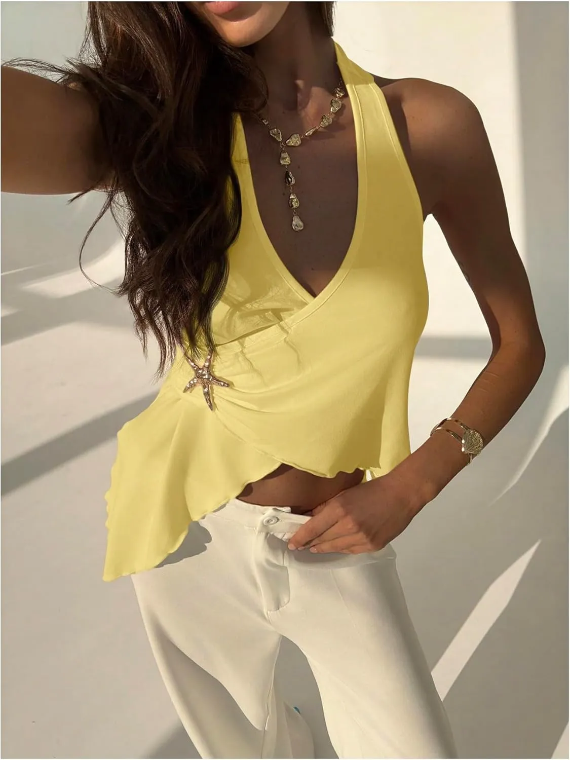 MakeMeChic Women's Open Back Halter Tops Asymmetrical Wrap Metal Starfish Going Out Tank