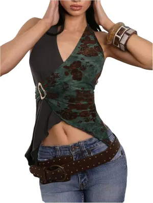 MakeMeChic Women's Open Back Halter Tops Asymmetrical Wrap Metal Starfish Going Out Tank