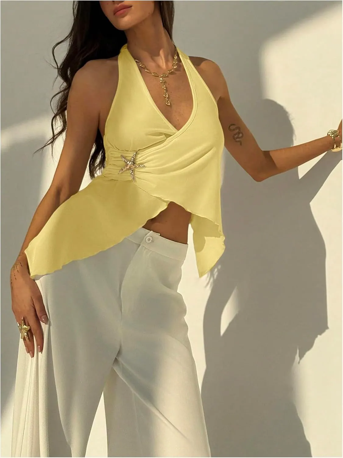 MakeMeChic Women's Open Back Halter Tops Asymmetrical Wrap Metal Starfish Going Out Tank