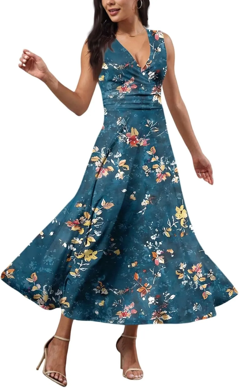 Maxi Dresses for Women 2025 Casual Trendy Summer A Line Flowy Dress Floral V Neck Sleeveless Formal Sundresses