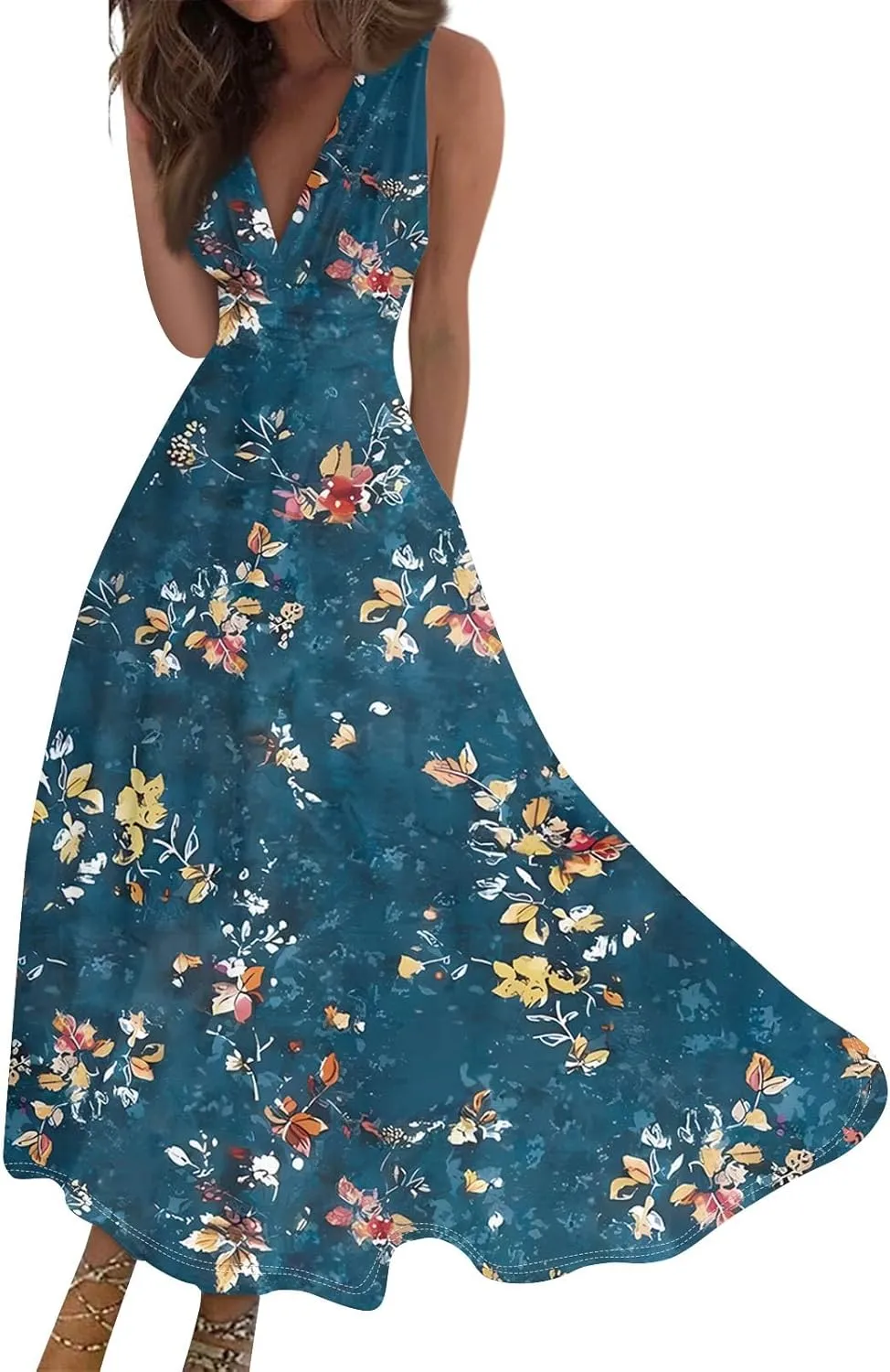 Maxi Dresses for Women 2025 Casual Trendy Summer A Line Flowy Dress Floral V Neck Sleeveless Formal Sundresses