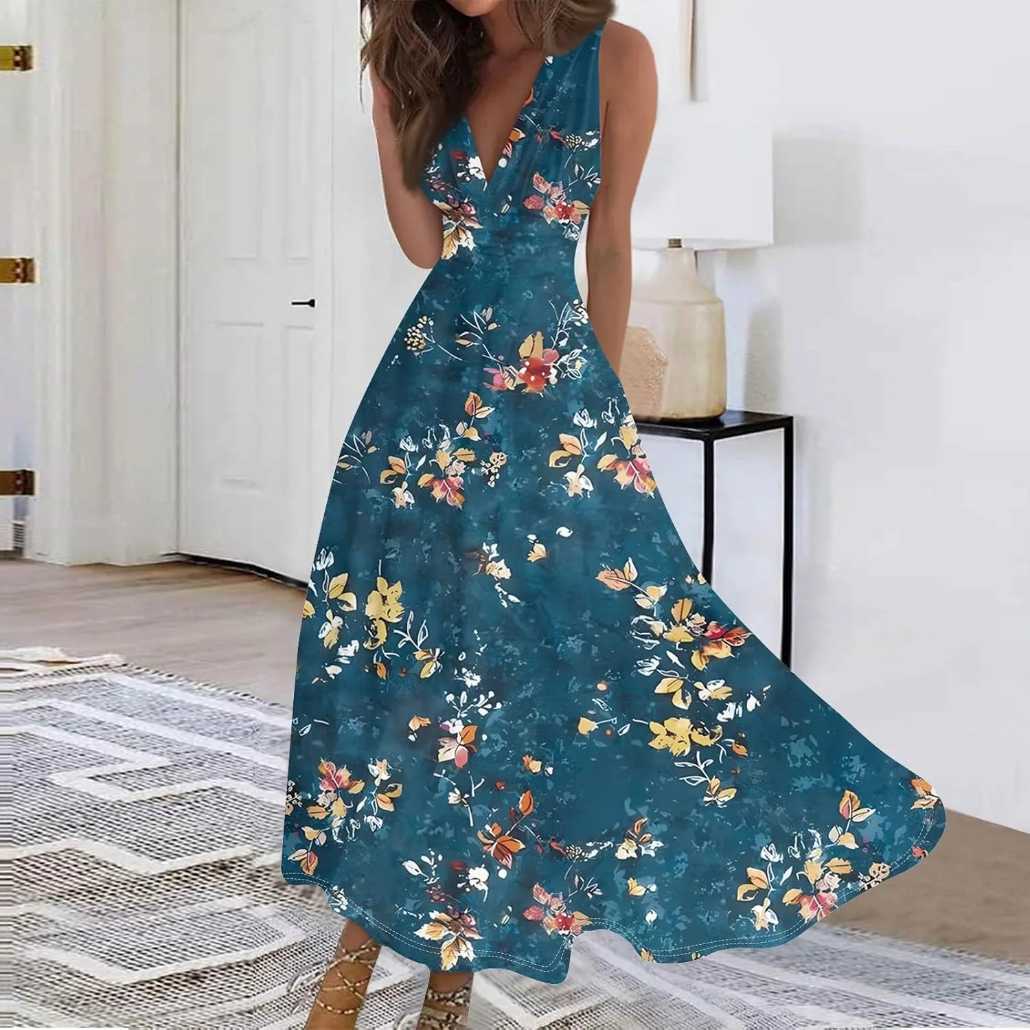 Maxi Dresses for Women 2025 Casual Trendy Summer A Line Flowy Dress Floral V Neck Sleeveless Formal Sundresses