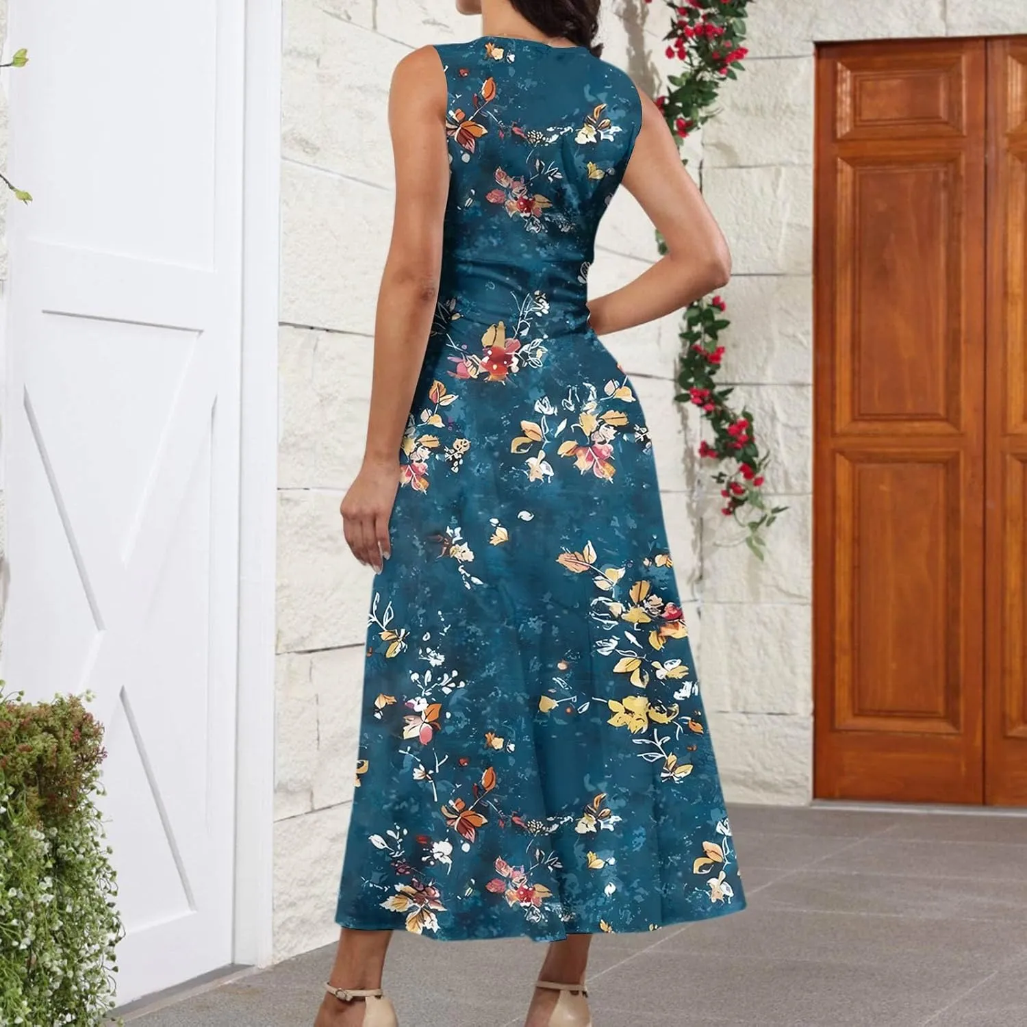 Maxi Dresses for Women 2025 Casual Trendy Summer A Line Flowy Dress Floral V Neck Sleeveless Formal Sundresses