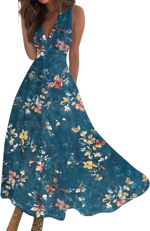 Maxi Dresses for Women 2025 Casual Trendy Summer A Line Flowy Dress Floral V Neck Sleeveless Formal Sundresses