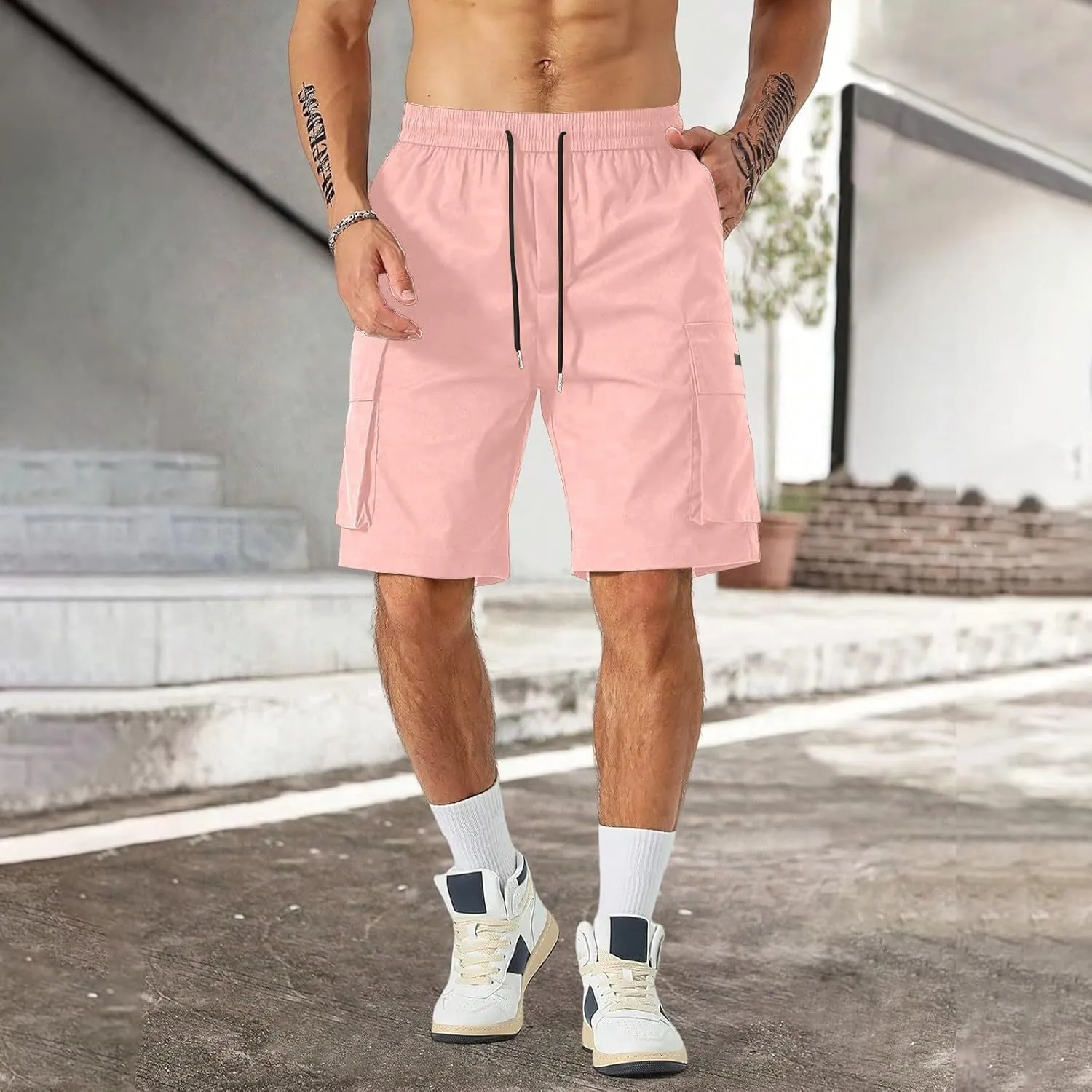 Mens Cargo Shorts Lightweight Stretch Hiking Short Gym Casual Shorts Elastic Waistband 6 Pockets