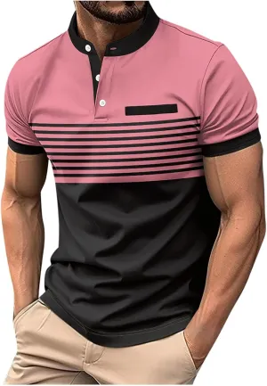 Men's Classic fit Polo Shirts Short Sleeve Fashion Golf Shirt Casual Striped Slim Fit Buttoned Henley T-Shirts